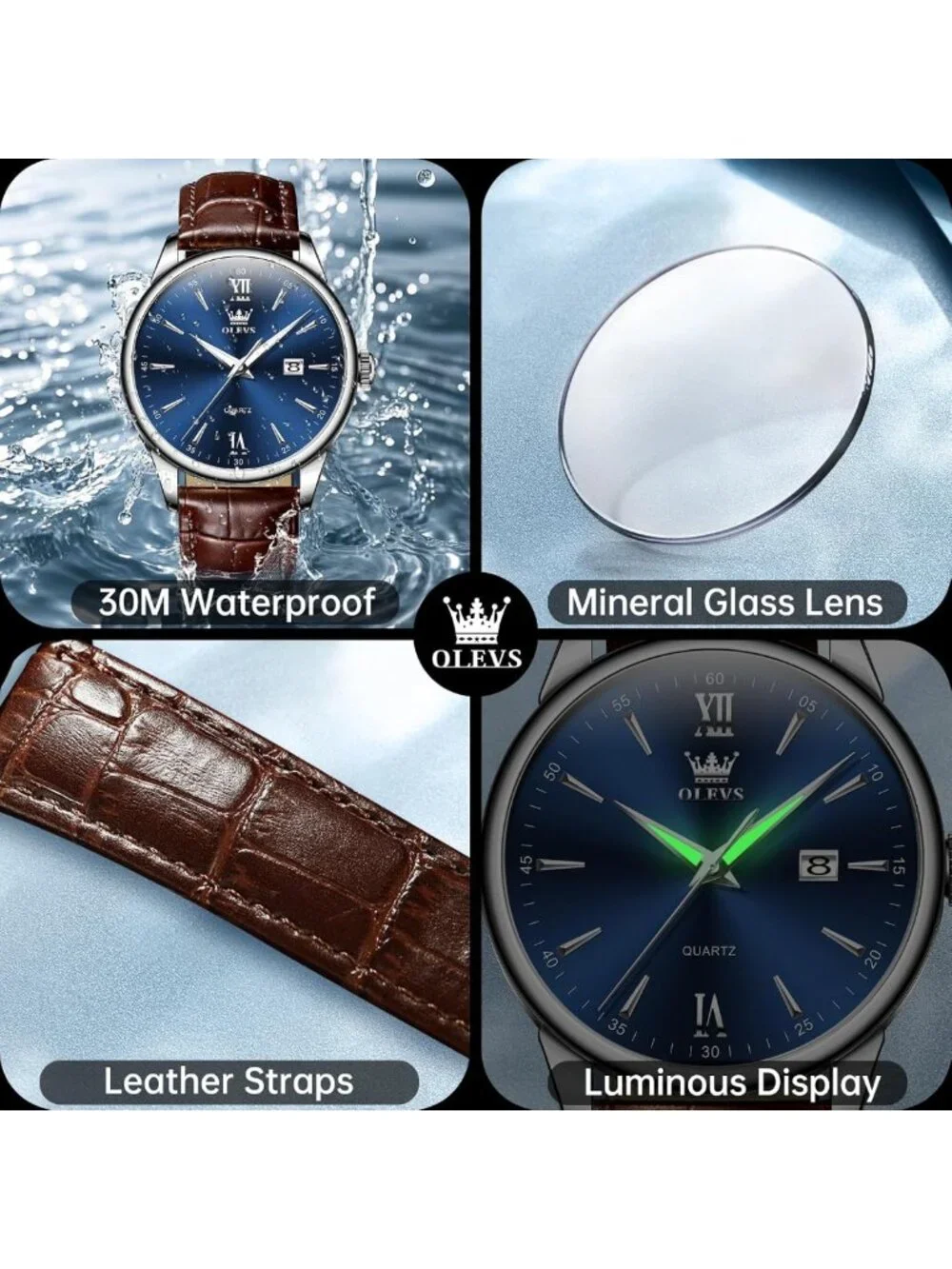 Classic Men's Leather Watch - Large Dial, Easy Read, Waterproof Quartz Timepiece